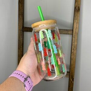 Hobby Lobby Festive Tree Glass Tumbler with Bamboo Lid and Green Straw